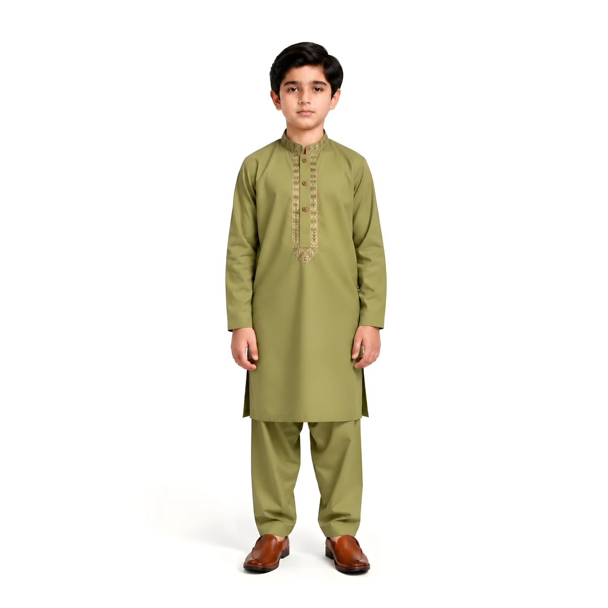 Olive Green boys’ kurta shalwar with gold-toned embroidery framing the button placket and matching shalwar
