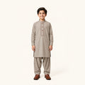 Stone Grey boys’ kurta shalwar with blue-and-gold accents around the embroidered neckline and matching shalwar