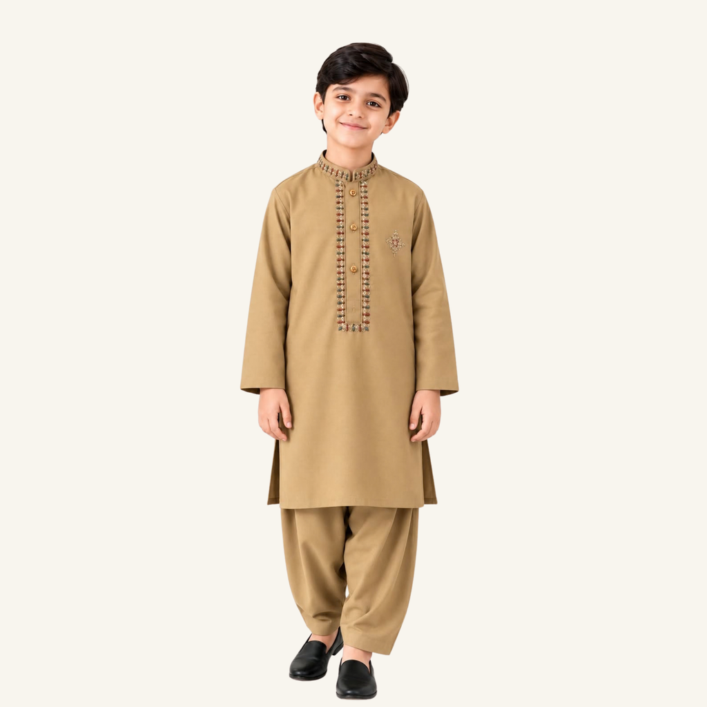 Biscotti boys’ winter kurta shalwar showing a beige tone, embroidered front borders and a small chest motif