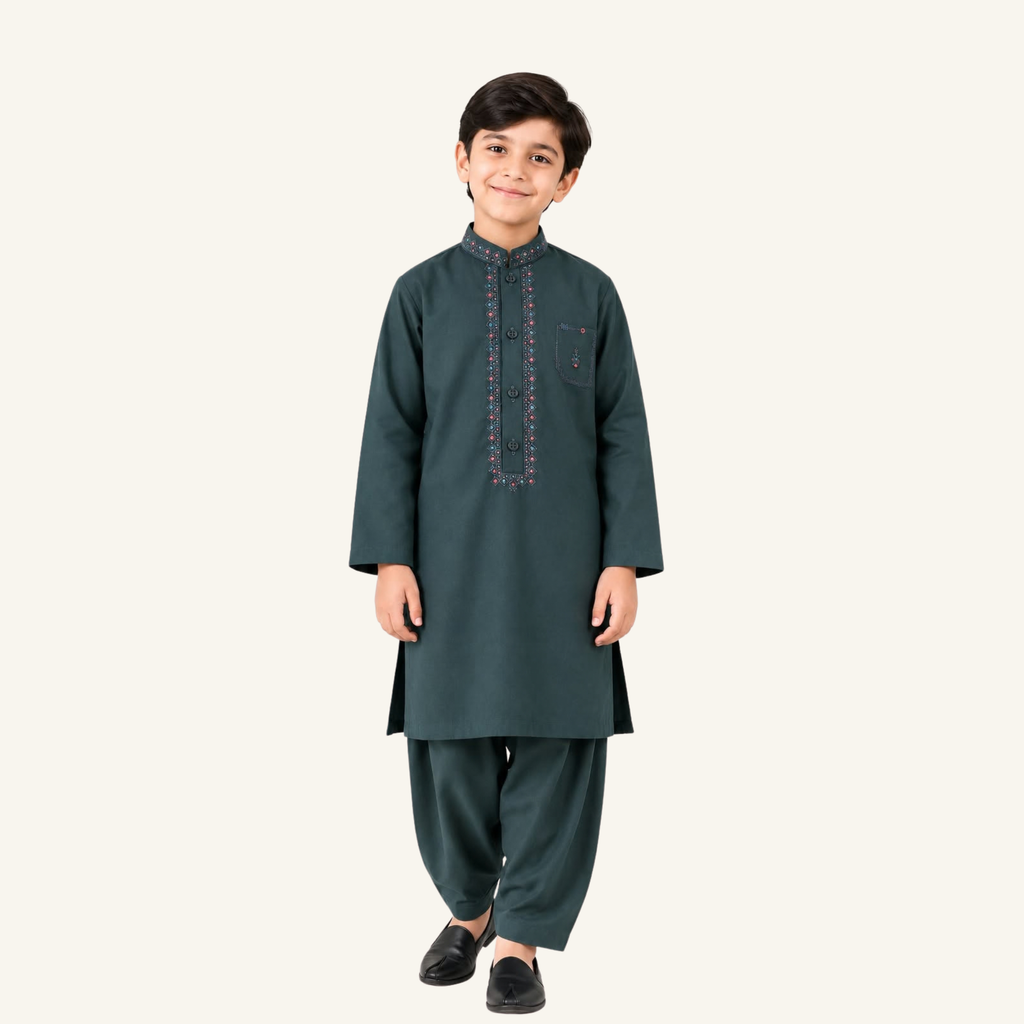 Dark Zinc boys’ winter kurta shalwar showing contrasting embroidery along the neckline and a stitched chest detail