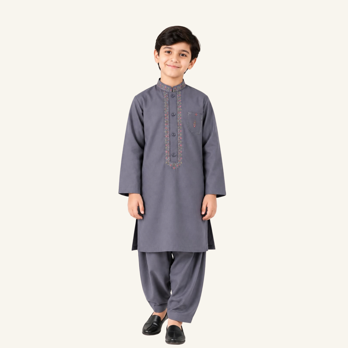 Dusty Blue boys’ winter kurta shalwar showing a muted blue-grey tone with coloured neckline and chest detailing