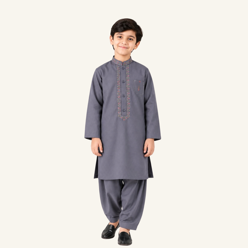 Dusty Blue boys’ winter kurta shalwar showing a muted blue-grey tone with coloured neckline and chest detailing