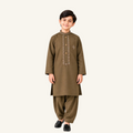 Dark Brown boys’ winter kurta shalwar showing a brown base with contrasting embroidery and a small chest motif