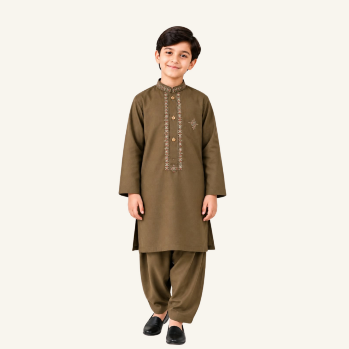 Dark Brown boys’ winter kurta shalwar showing a brown base with contrasting embroidery and a small chest motif
