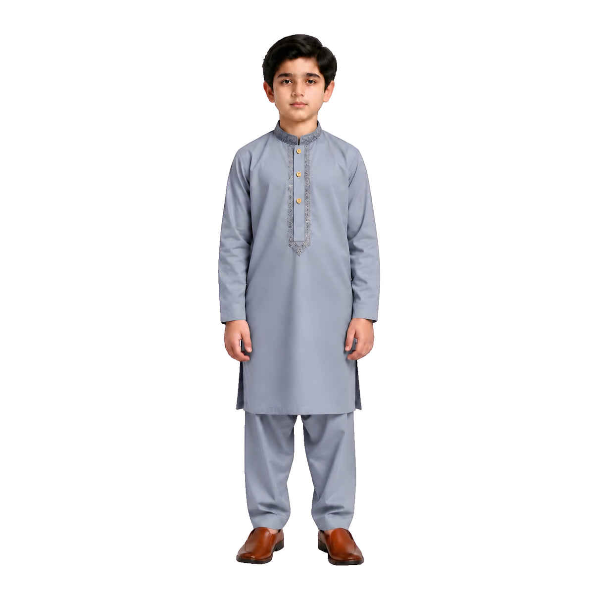 Blue Grey boys’ kurta shalwar with a narrow embroidered border and contrasting buttons and matching shalwar