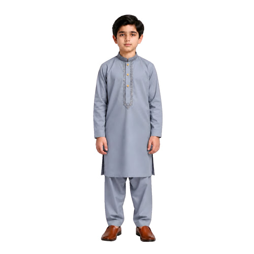 Blue Grey boys’ kurta shalwar with a narrow embroidered border and contrasting buttons and matching shalwar
