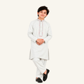 Off White boys’ winter kurta shalwar showing pink-and-mint accents around the front opening