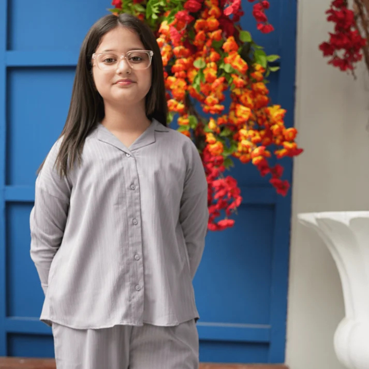 Teen girls’ grey co-ord set featuring a collared button-through shirt and coordinating trousers