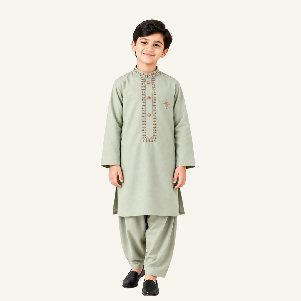 Olive Grey boys’ winter kurta shalwar showing a pale olive-grey shade with contrasting neckline embroidery