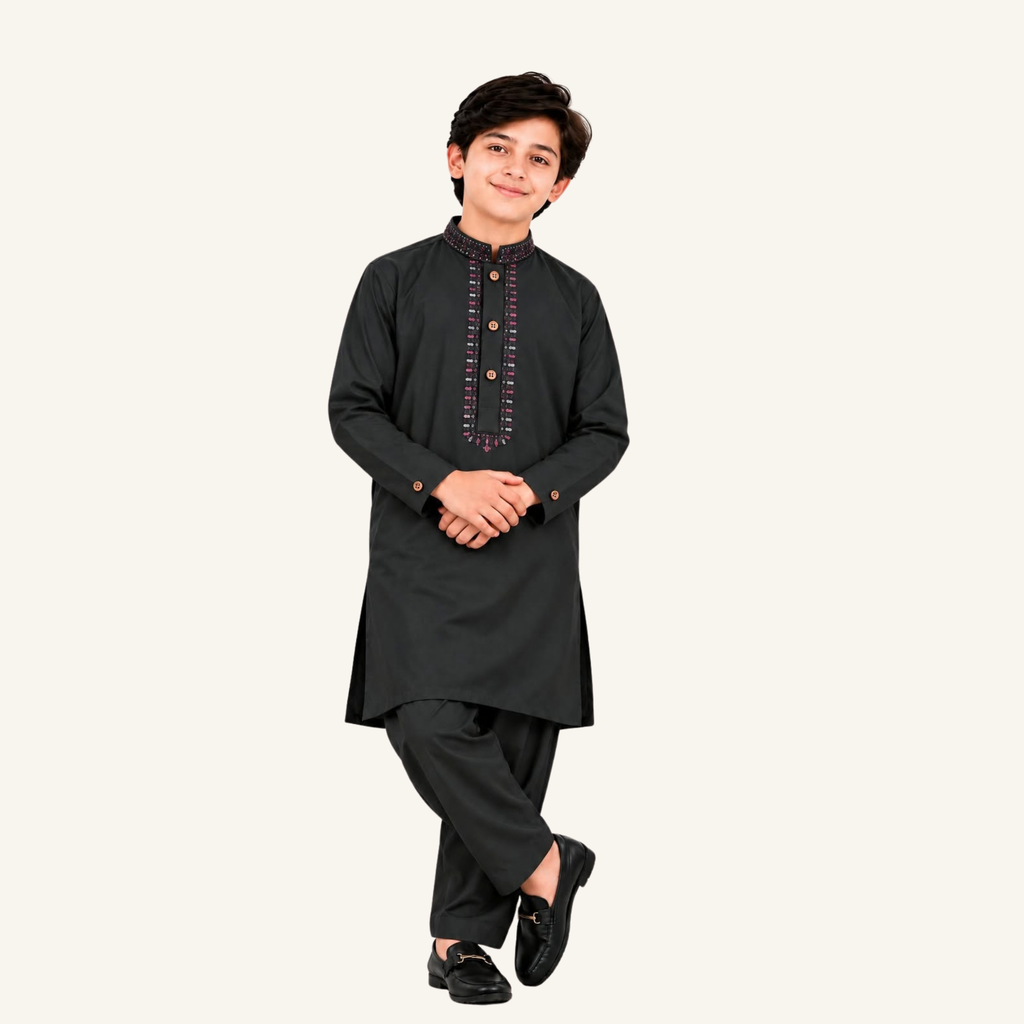Black boys’ winter kurta shalwar showing pink-toned neckline embroidery against the black fabric