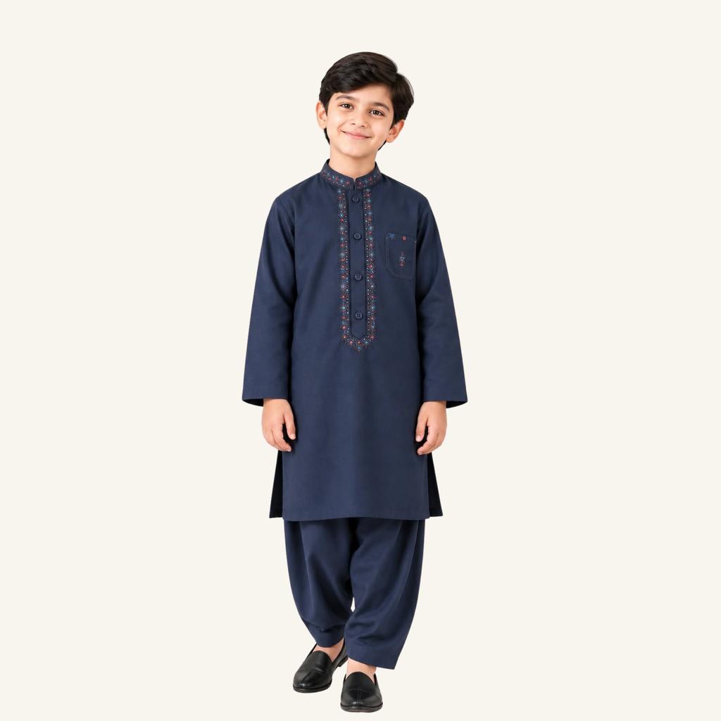 Navy Blue boys’ winter kurta shalwar showing coloured embroidery around the placket and a matching chest detail