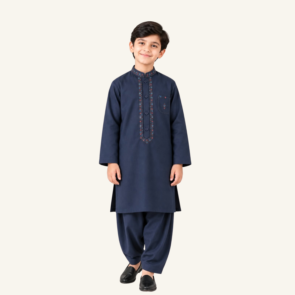 Navy Blue boys’ winter kurta shalwar showing coloured embroidery around the placket and a matching chest detail