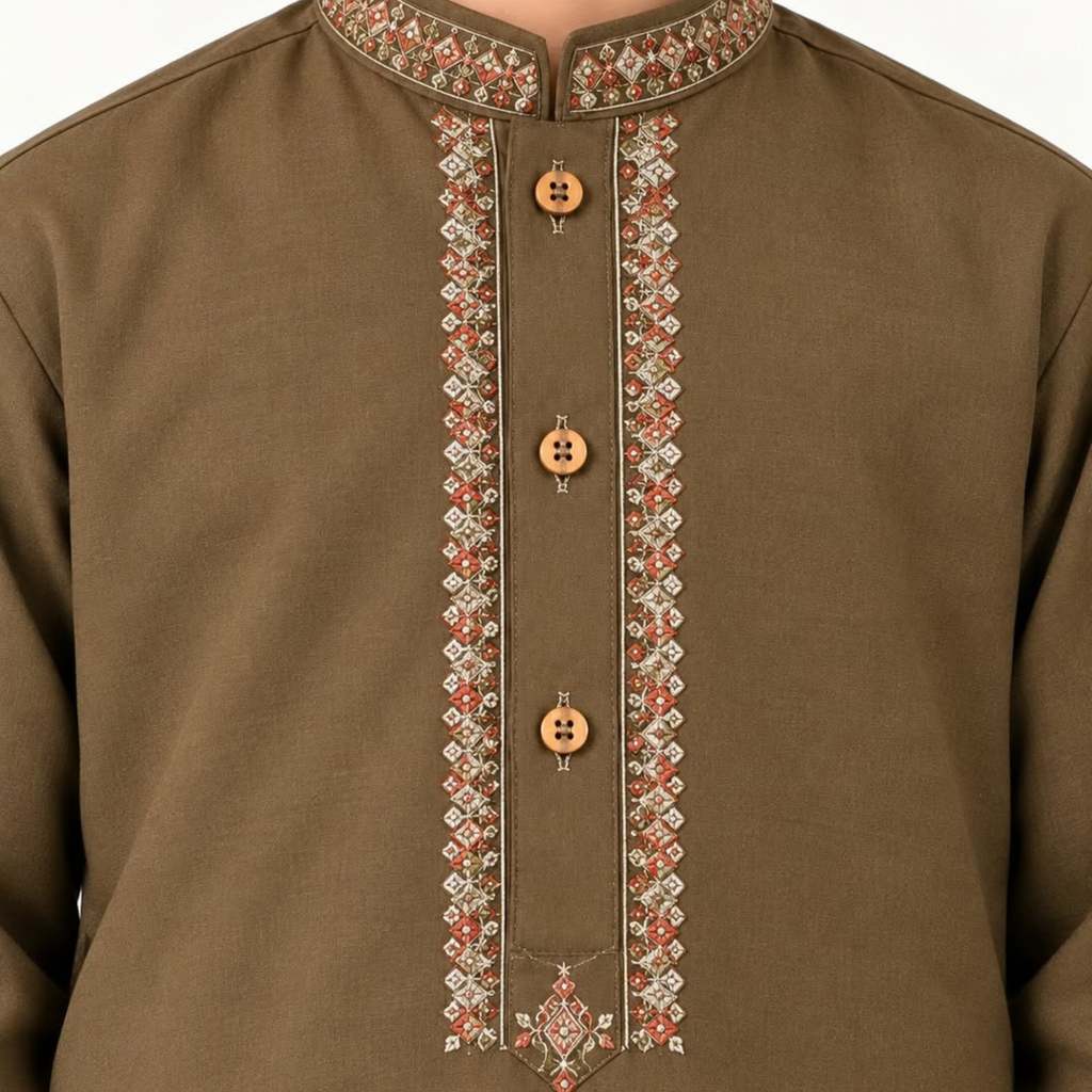 Close-up of embroidered collar, front placket and buttons on the dark brown boys’ kurta