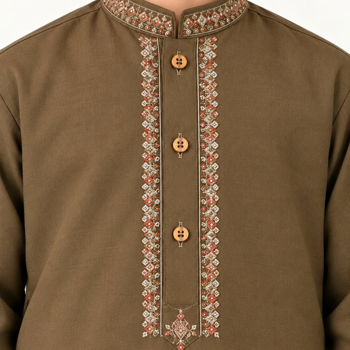Close-up of embroidered collar, front placket and buttons on the dark brown boys’ kurta