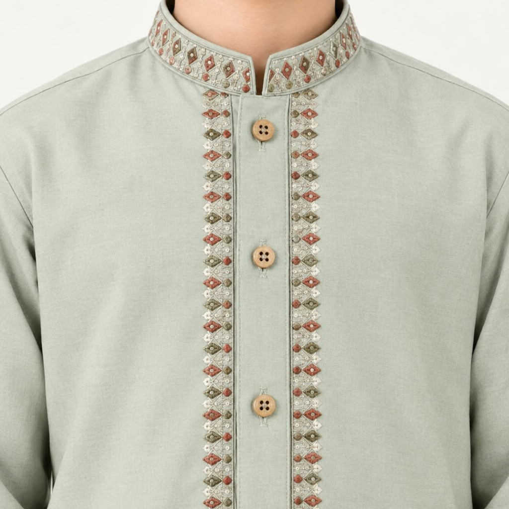 Close-up of embroidery and front buttons on the olive grey boys’ winter kurta