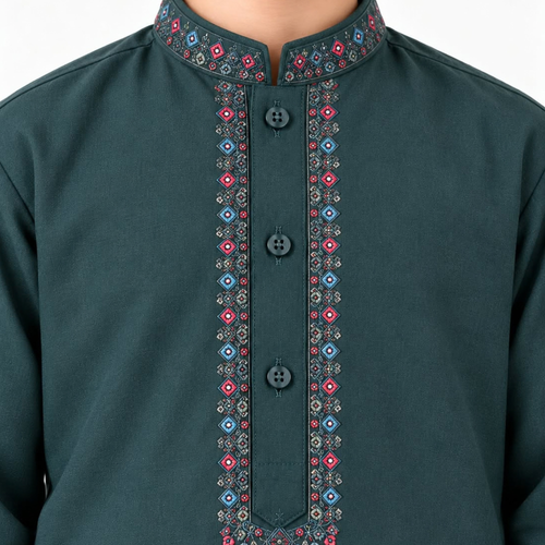 Close-up of red and gold-toned embroidery on the dark zinc boys’ kurta collar and placket
