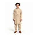 Sand Beige boys’ kurta shalwar with brown-toned embroidery around the front opening and matching shalwar