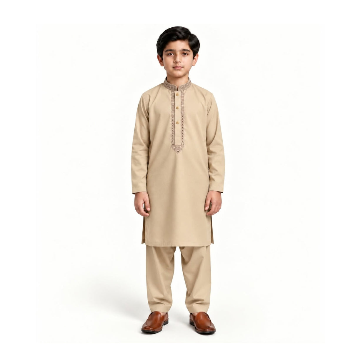 Sand Beige boys’ kurta shalwar with brown-toned embroidery around the front opening and matching shalwar
