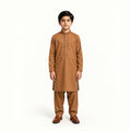 Camel Brown boys’ kurta shalwar with tonal stitching around the collar and long front placket and matching shalwar