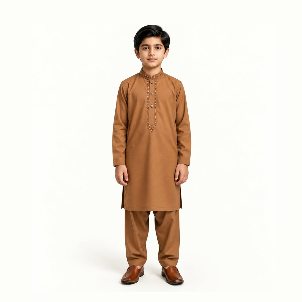 Camel Brown boys’ kurta shalwar with tonal stitching around the collar and long front placket and matching shalwar