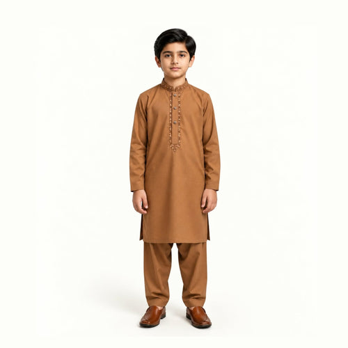 Camel Brown boys’ kurta shalwar with tonal stitching around the collar and long front placket and matching shalwar