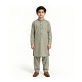 Sage Green boys’ kurta shalwar with a muted green shade and tonal neckline embroidery and matching shalwar