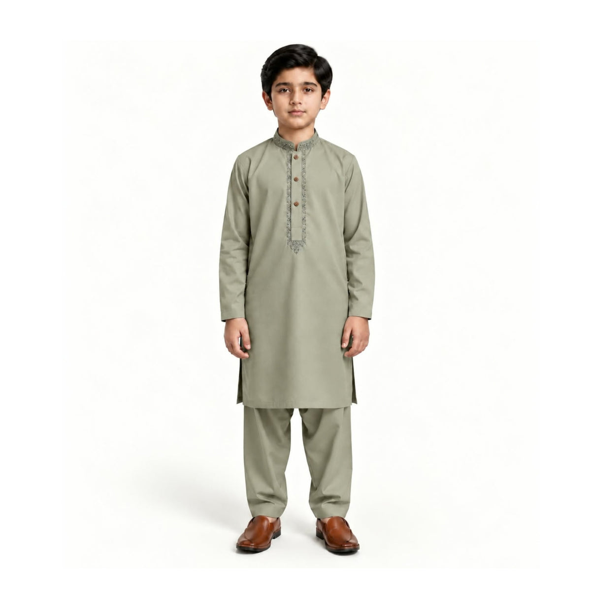 Sage Green boys’ kurta shalwar with a muted green shade and tonal neckline embroidery and matching shalwar