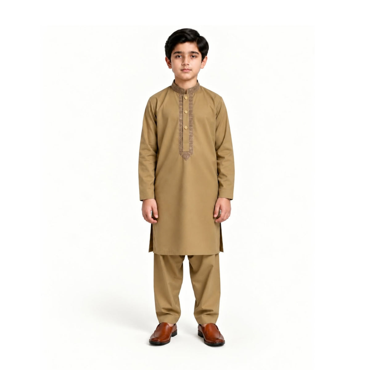 Khaki boys’ kurta shalwar with an earthy shade with a contrasting embroidered front border and matching shalwar
