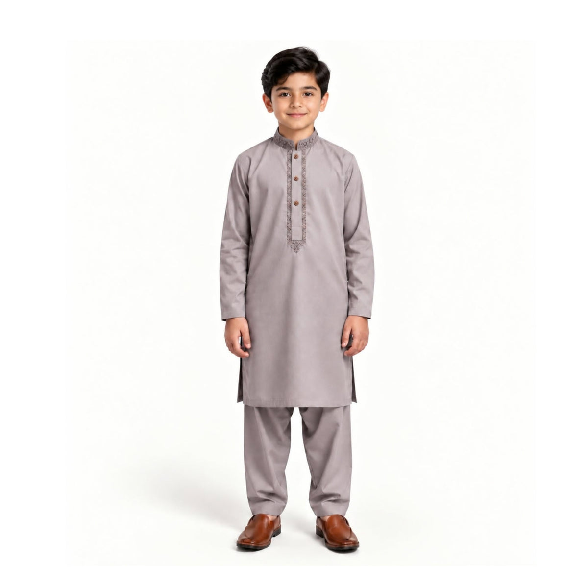 Taupe Grey boys’ kurta shalwar with a soft grey-brown shade with understated front embroidery and matching shalwar