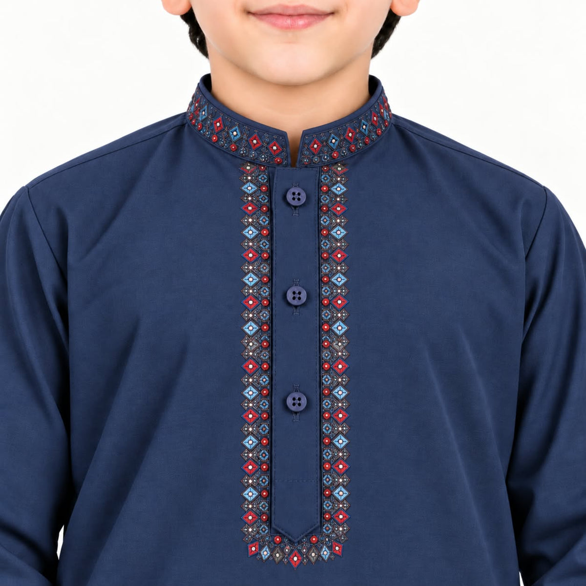 Close-up of multicolour embroidery framing the navy blue boys’ kurta neckline
