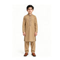 Tan boys’ kurta shalwar with a warm tan shade with a narrow stitched border and matching shalwar