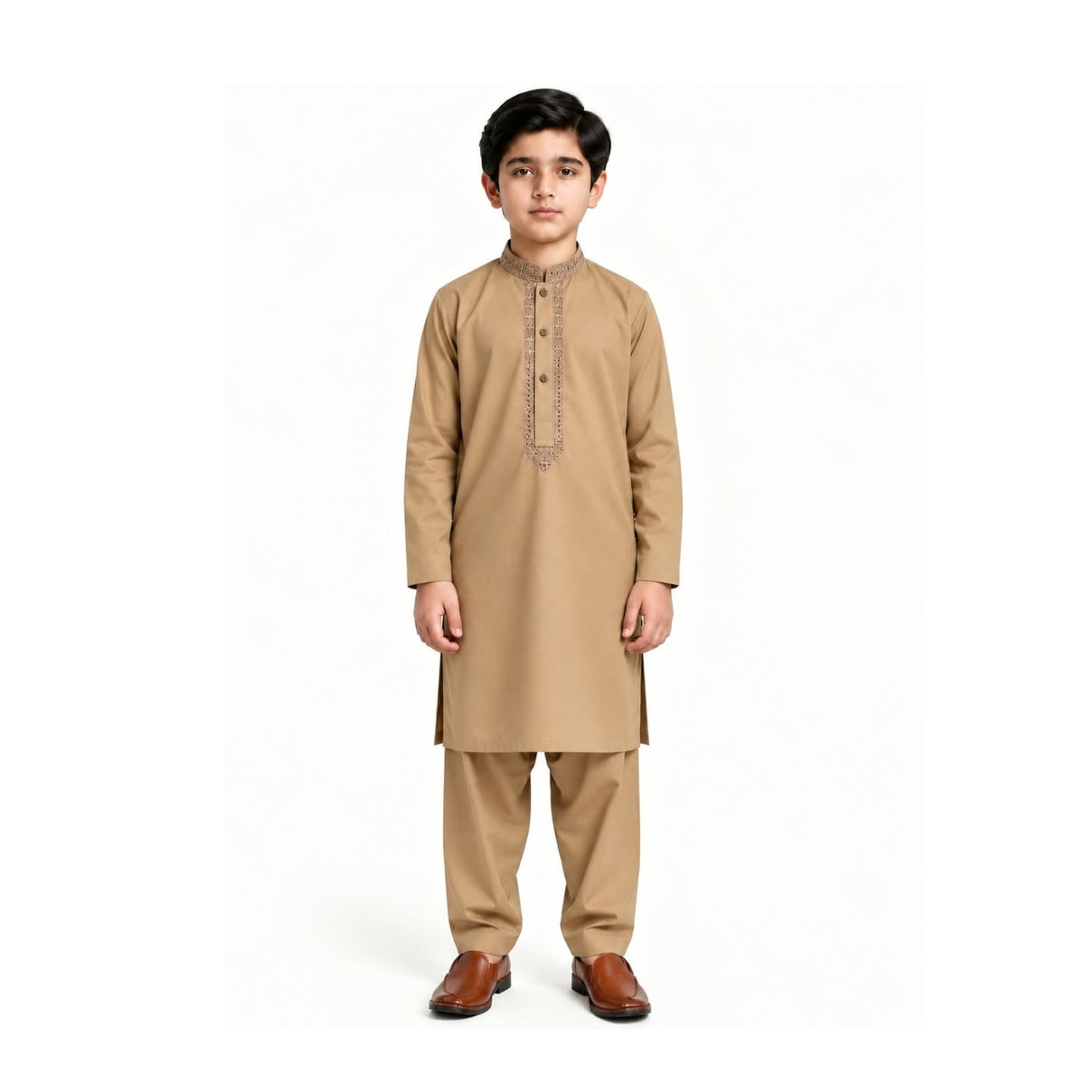 Tan boys’ kurta shalwar with a warm tan shade with a narrow stitched border and matching shalwar