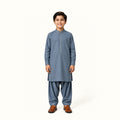 Denim Blue boys’ kurta shalwar with a straight front placket with subtle geometric embroidery and matching shalwar