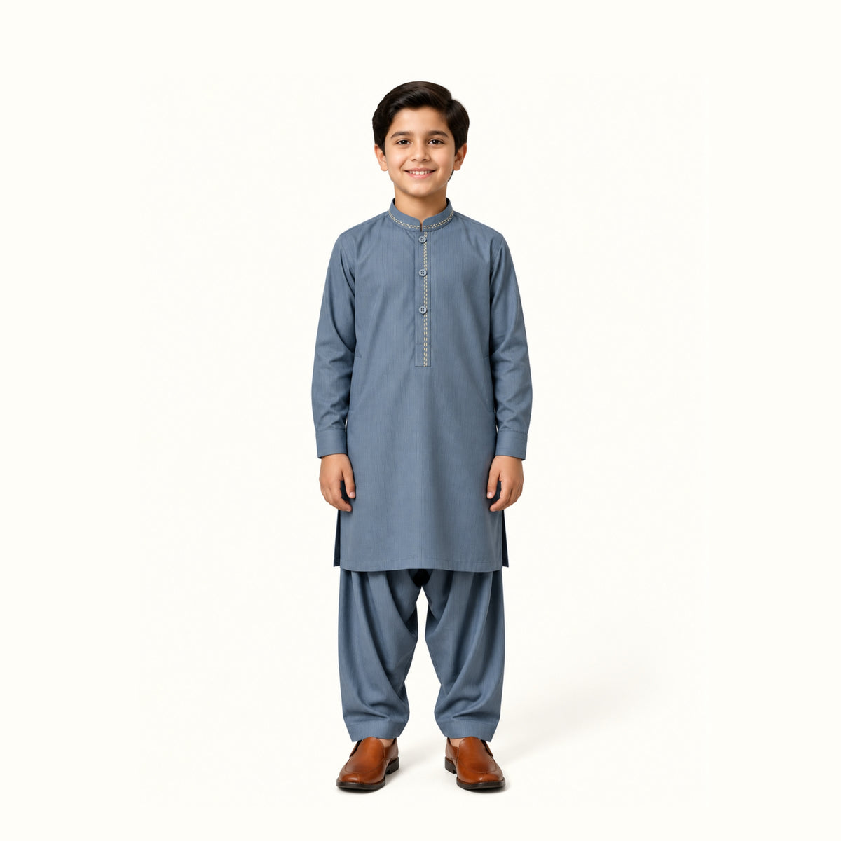 Denim Blue boys’ kurta shalwar with a straight front placket with subtle geometric embroidery and matching shalwar