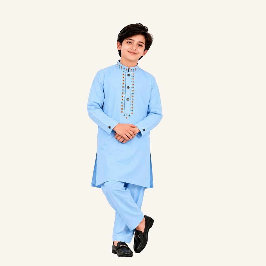Sky Blue boys’ winter kurta shalwar showing a multicoloured geometric neckline border and cuff accents