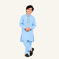 Sky Blue boys’ winter kurta shalwar showing a multicoloured geometric neckline border and cuff accents