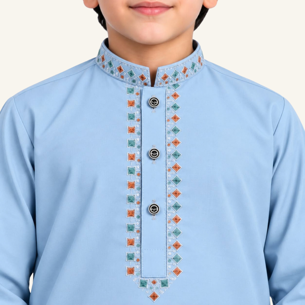 Close-up of multicolour embroidery around the sky blue boys’ kurta collar and button placket