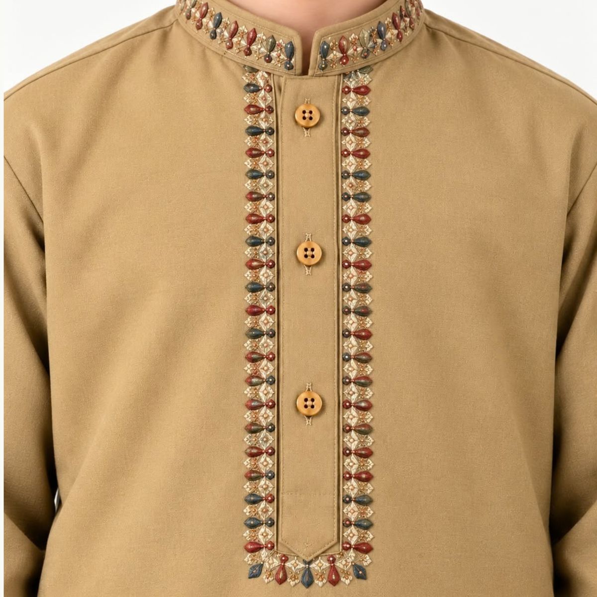Close-up of embroidery and buttons on the biscotti boys’ winter kurta