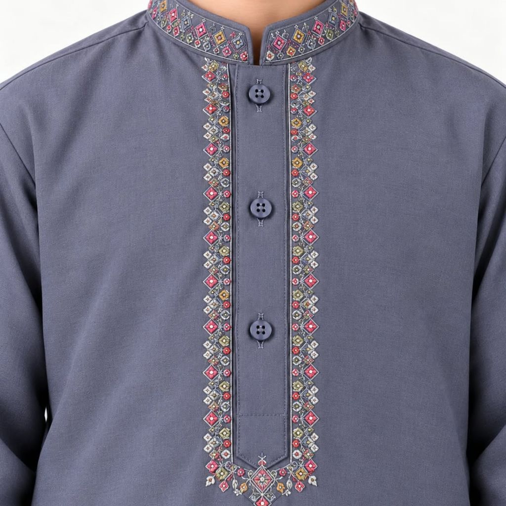 Close-up of multicolour embroidery around the dusty blue boys’ kurta collar and placket
