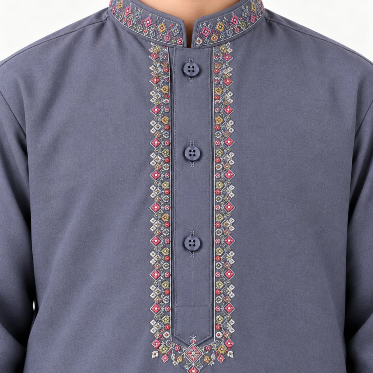 Close-up of multicolour embroidery around the dusty blue boys’ kurta collar and placket