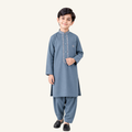 Steel Blue boys’ winter kurta shalwar showing light embroidered borders and a contrasting chest motif