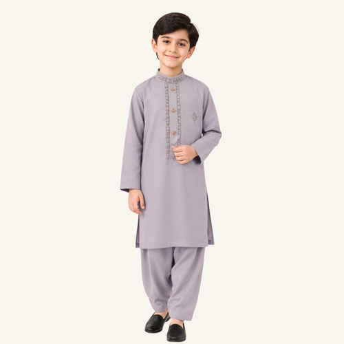 Light Grey boys’ winter kurta shalwar showing an embroidered band collar, front border and small chest motif
