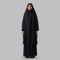 Women’s black two-piece jilbab with a draped top and long skirt