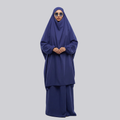 Women’s navy blue two-piece jilbab with a draped top and long skirt
