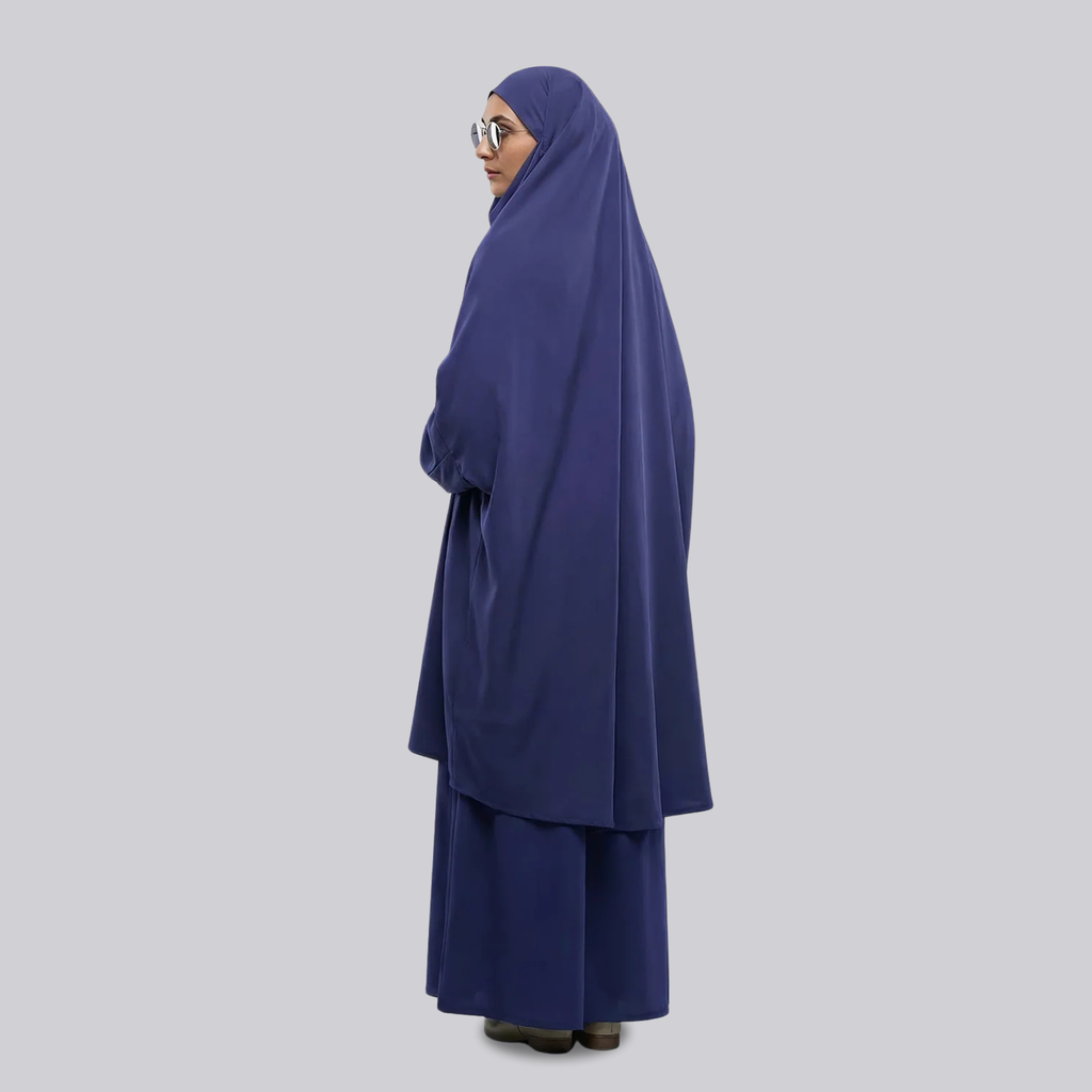 Side view of the navy blue two-piece jilbab with long top and full-length skirt