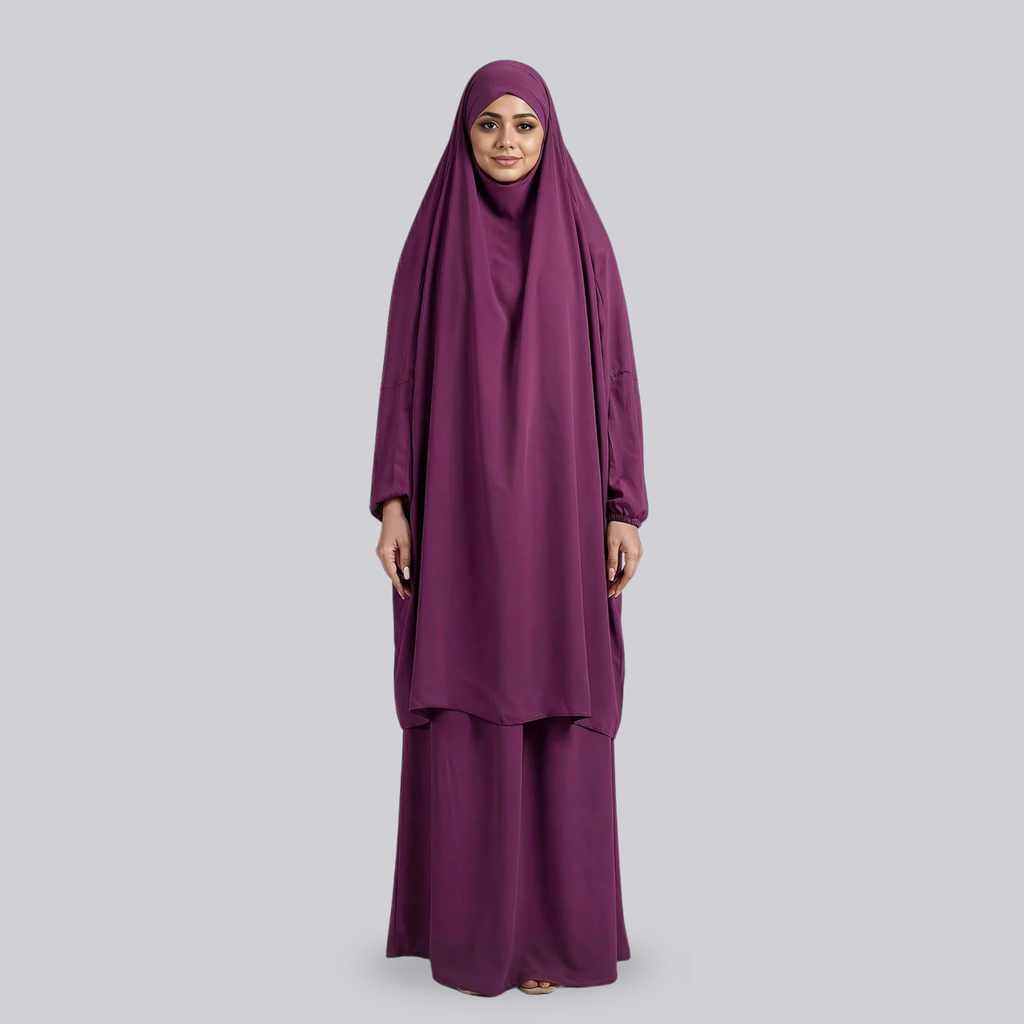 Women’s plum purple two-piece jilbab with a draped top and long skirt
