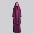 Women’s plum purple two-piece jilbab with a draped top and long skirt