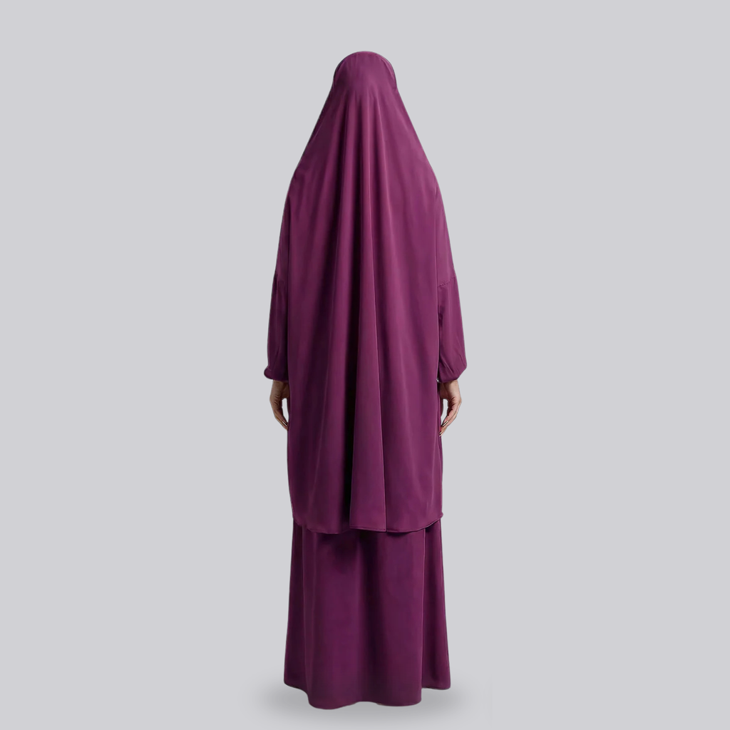Back view of the plum purple two-piece jilbab and its long draped top