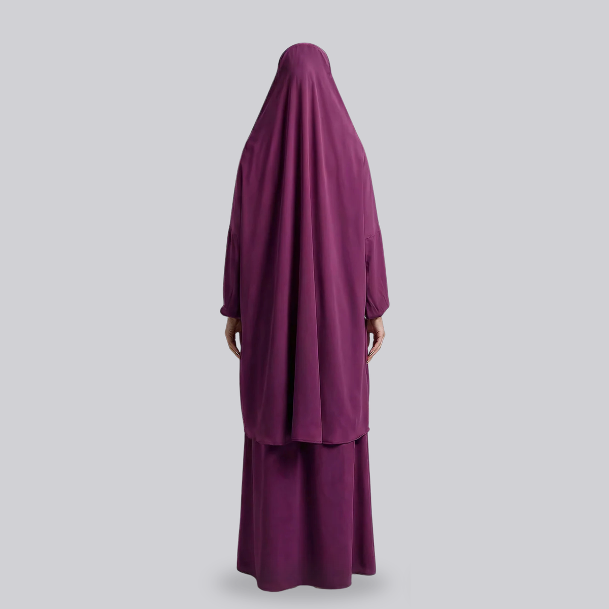Back view of the plum purple two-piece jilbab and its long draped top