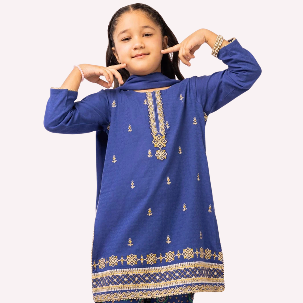 Front view of the blue girls’ kurta showing gold-toned neckline and hem embroidery